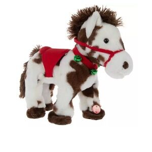 Charming Brown and White Stuffed Pony with Red Harness